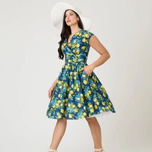 🍋 Retrolicious Blue Lemon Print Swing Dress - 2X 🍋